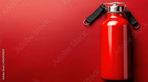 Red stainless steel water bottle on a red surface. photo