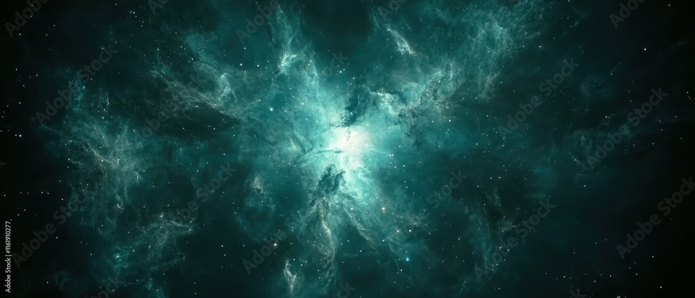 Fototapeta premium Teal nebula with bright core, cosmic dust and stars.