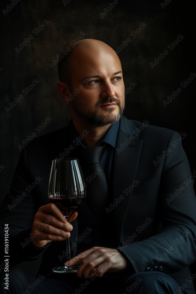 A sophisticated sommelier man in a black suit holding a glass of red wine, seated against a dark textured background. His expression is contemplative, exuding elegance and confidence. A sophisticated sommelier man in a black suit holding a glass of red wine, seated against a dark textured background. His expression is contemplative, exuding elegance and confidence.