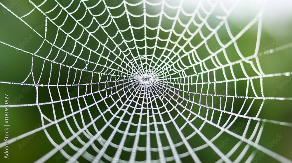 Obraz premium Intricate spider web glistening with dew against a blurred green background.