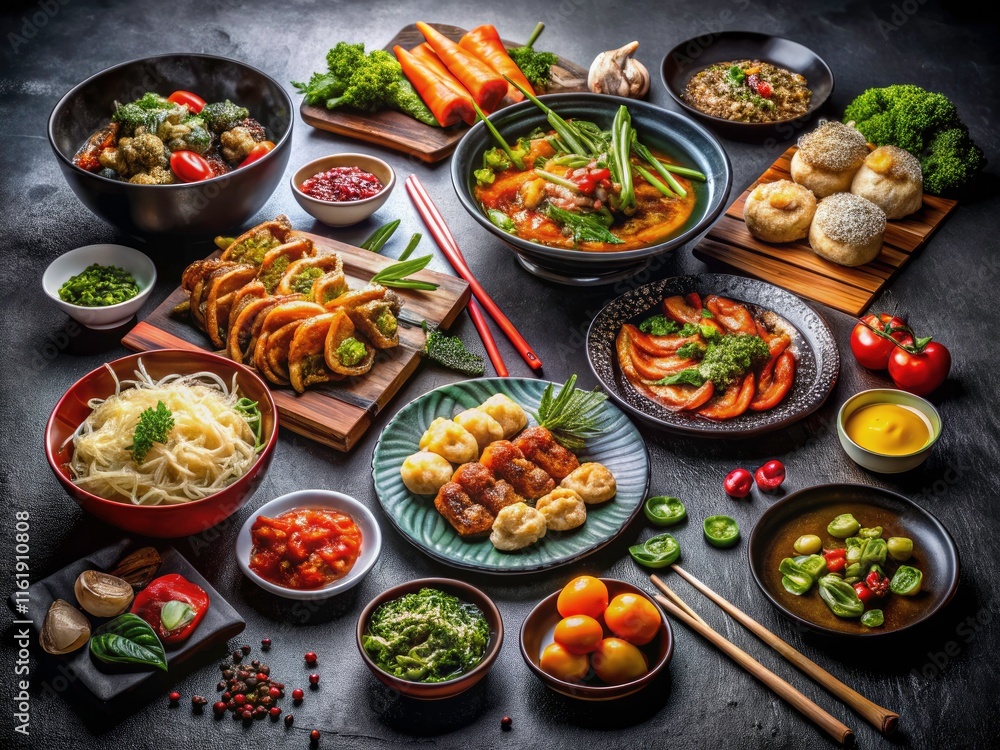 Delicious Asian dishes shine in captivating low-light photography; seafood, meats, and vegetables. Delicious Asian dishes shine in captivating low-light photography; seafood, meats, and vegetables.