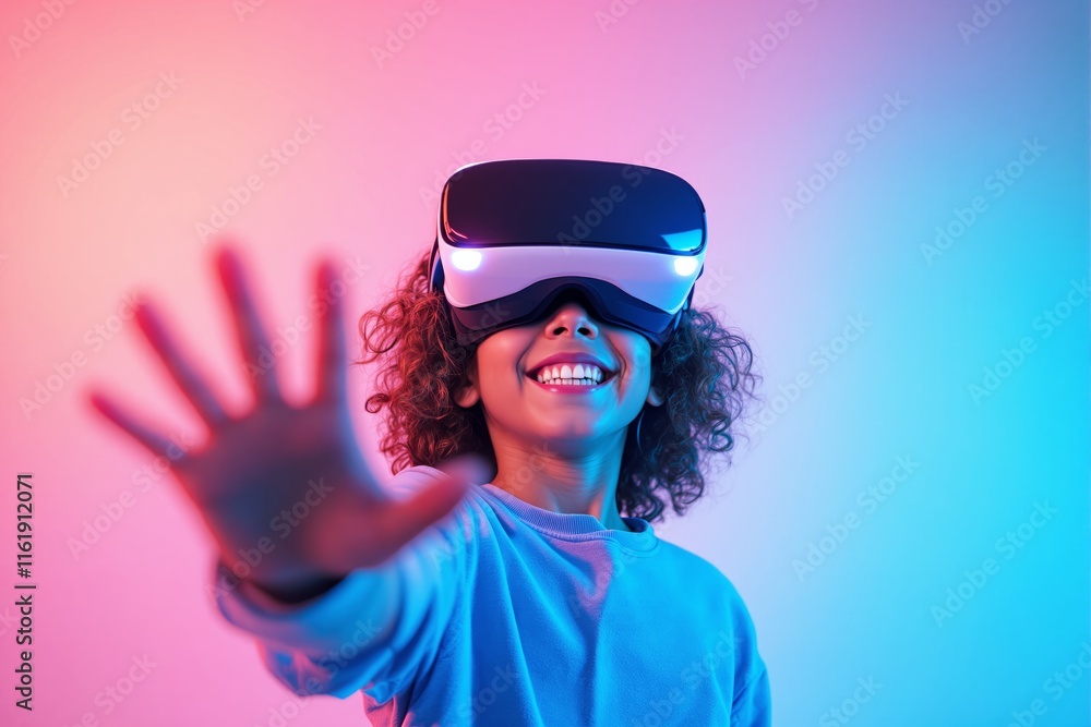 Child wearing VR headset smiles while reaching forward, immersed in virtual reality experience. Neon gradient background. Concept of technology. Ai generative Child wearing VR headset smiles while reaching forward, immersed in virtual reality experience. Neon gradient background. Concept of technology. Ai generative