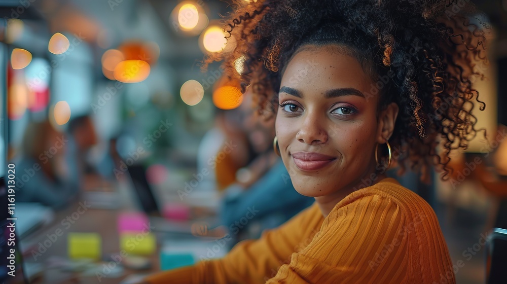 A young woman with curly hair smiles warmly while seated in a modern workspace filled with natural light, ready to connect with her laptop amidst a backdrop of creativity and comfort. A young woman with curly hair smiles warmly while seated in a modern workspace filled with natural light, ready to connect with her laptop amidst a backdrop of creativity and comfort.