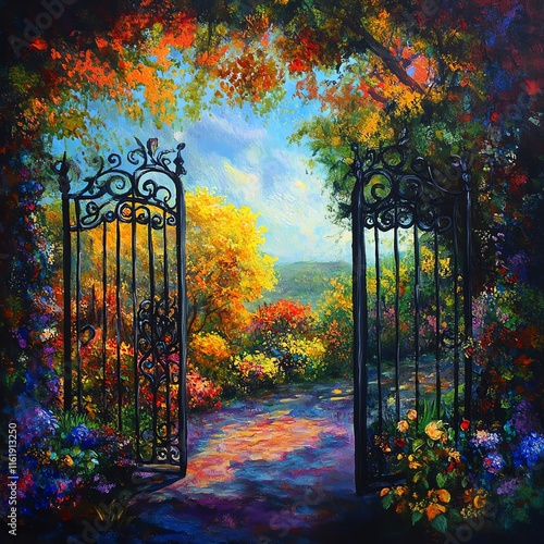 Vibrant garden gate opening to a colorful, flourishing landscape, serene atmosphere.