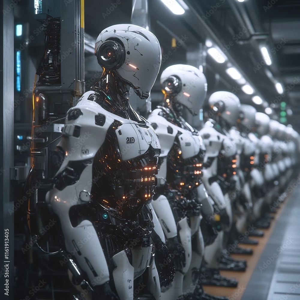 Fototapeta premium Rows of Futuristic Robotic Soldiers Lined Up in Industrial Factory Setting