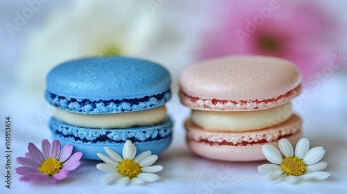 Two pastel macarons, blue and pink, with creamy filling, adorned with small daisies. photo