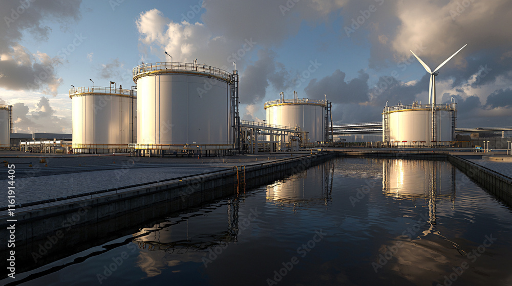 Obraz premium Industrial tanks and a wind turbine are showcased against a cloudy sky, reflecting on a calm body of water, illustrating energy storage and sustainability.