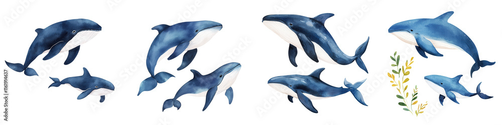Obraz premium Mother day element, Mother and baby whales swimming together in serene ocean scene, isolated on transparent background.