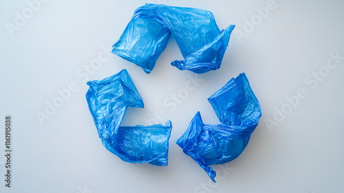 The image features blue plastic wraps arranged in a circular recycling symbol, highlighting the theme of recycling and waste management.