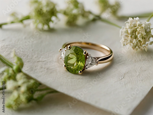 An elegant peridot engagement ring with a prominent solitaire, set on a slender gold band.
