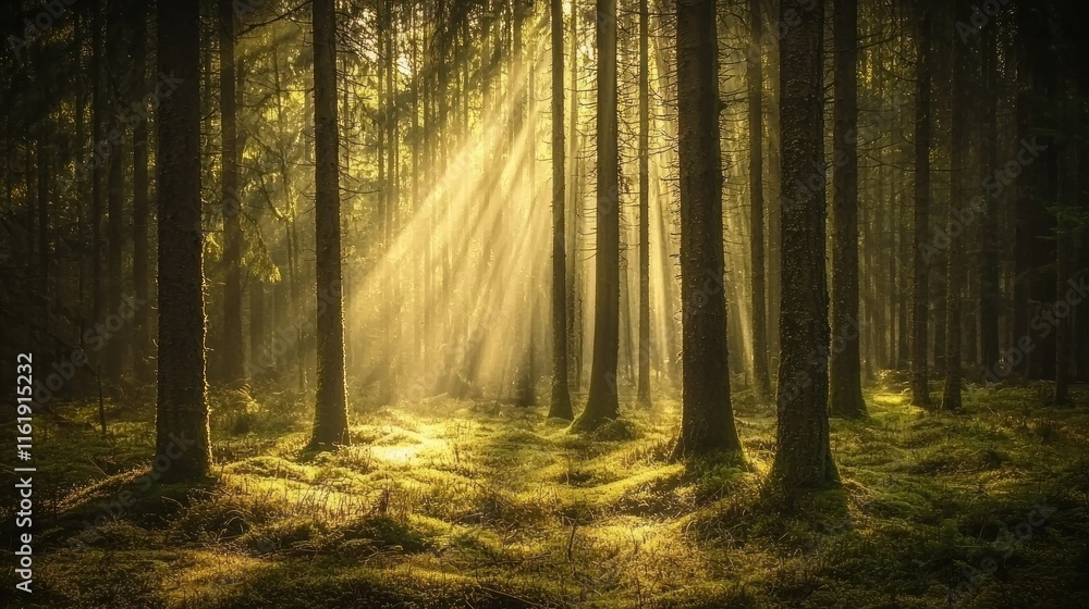 Fototapeta premium A dense forest with sunlight streaming through the trees, creating a magical and awe-inspiring natural wonder.