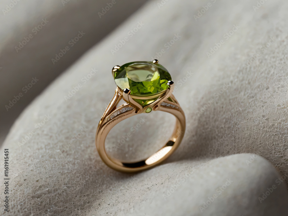 An elegant peridot engagement ring with a prominent solitaire, set on a slender gold band. An elegant peridot engagement ring with a prominent solitaire, set on a slender gold band.