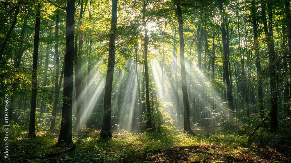 Fototapeta premium A dense forest with sunlight streaming through the trees, creating a magical and awe-inspiring natural wonder.