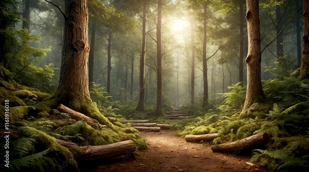 Obraz premium Wooden Pathway Winding Through a Dense Forest