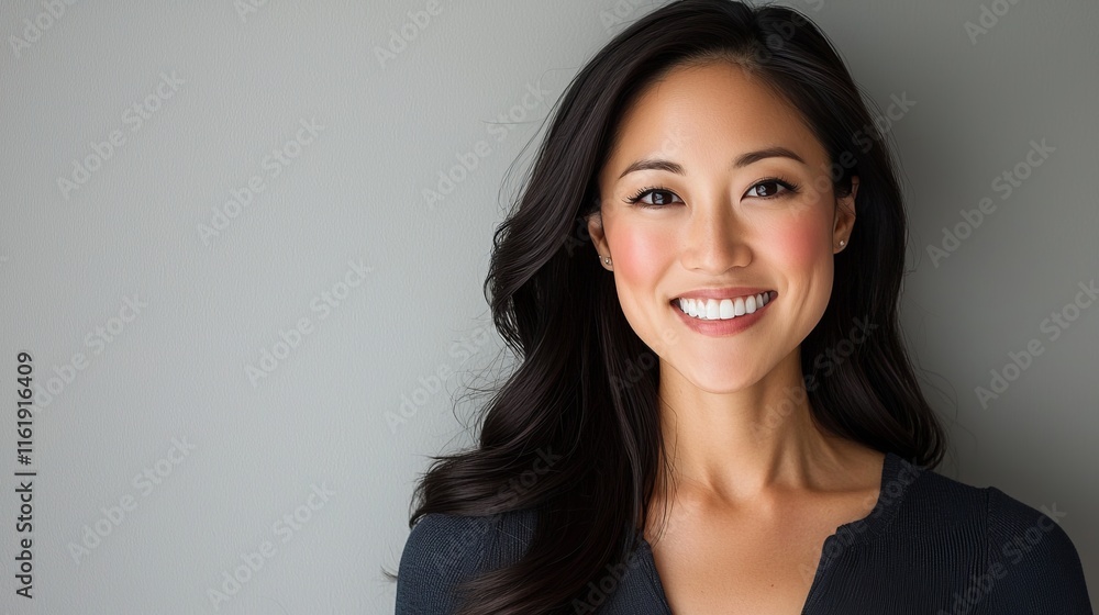 Smiling woman portrait studio setting photography bright environment close-up view positive vibe for marketing Smiling woman portrait studio setting photography bright environment close-up view positive vibe for marketing