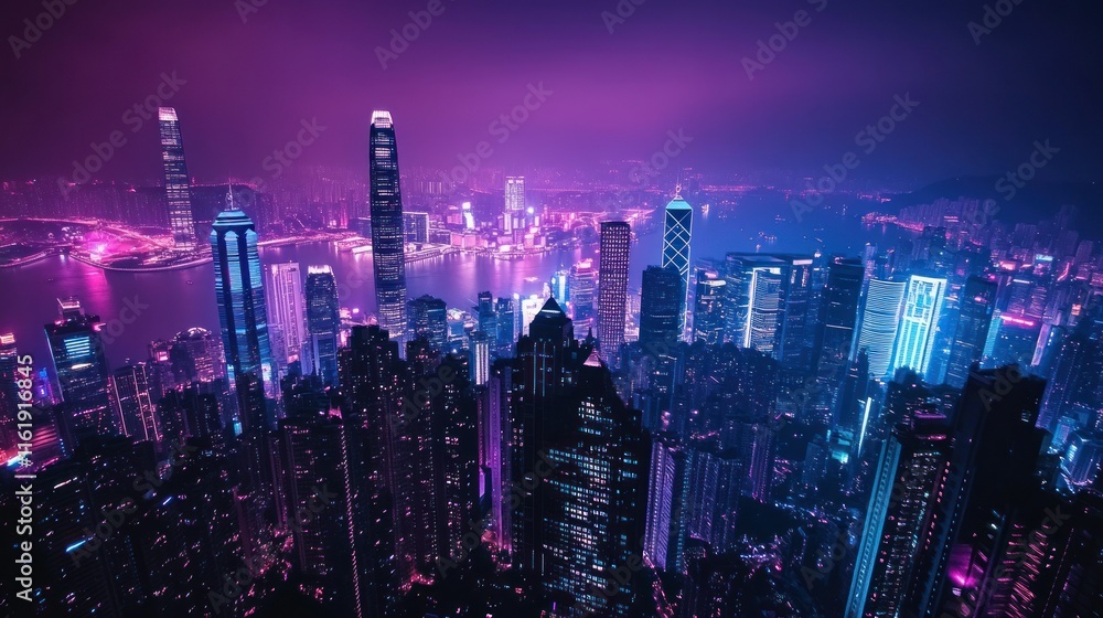Fototapeta premium Vibrant purple and blue cityscape at night, high-angle view of skyscrapers and city lights.