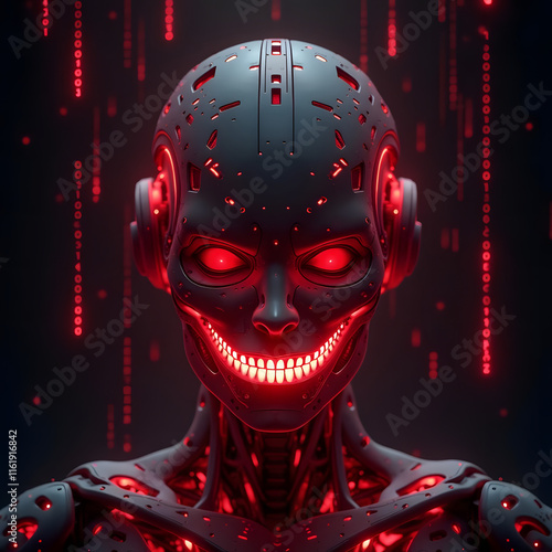  Evil robot head with glowing red eyes in data center, Ai generated image, bad, evil ai, bad ai, evil artificial, intelligence, computer, virus, three-dimension, al, risk, evil, robot, ai, artificial,