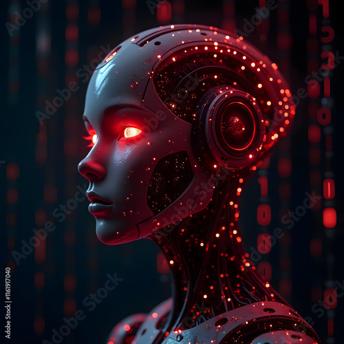  Evil robot head with glowing red eyes in data center, Ai generated image, bad, evil ai, bad ai, evil artificial, intelligence, computer, virus, three-dimension, al, risk, evil, robot, ai, artificial, photo