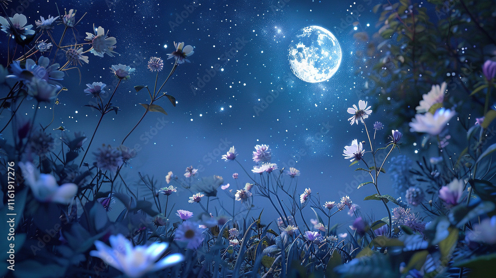 Obraz premium night sky with purple flowers