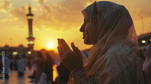 Muslim Woman Offering Prayers at Golden Hour Near Mosque Depicting Faith and Serenity for Religious and Cultural Themes
 photo