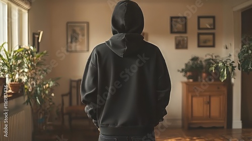 Black hoodie mockup hanging on the wall, rear view, high-resolution photography.