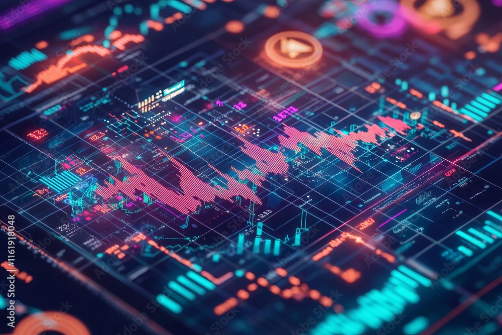 An eye-catching design presenting a dynamic view of financial market data with vibrant graphs, metrics, and modern technological elements symbolizing the stock market's fast-paced environment. An eye-catching design presenting a dynamic view of financial market data with vibrant graphs, metrics, and modern technological elements symbolizing the stock market's fast-paced environment.