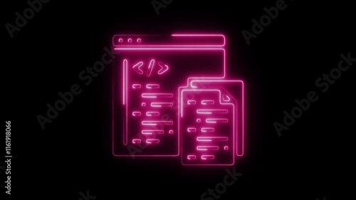 Glowing Neon Coding Documentation Icon, Programming Guide, Software Manual, HD Video Motion Graphic Animation on Black Background photo