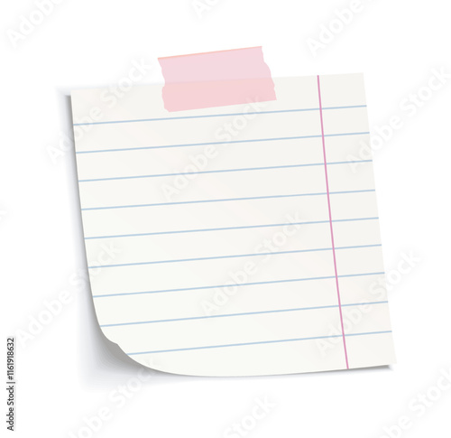 Lined paper sheet with a pink sticky tape at the top on a white background. Vector illustration of a realistic torn notebook page for design purposes
