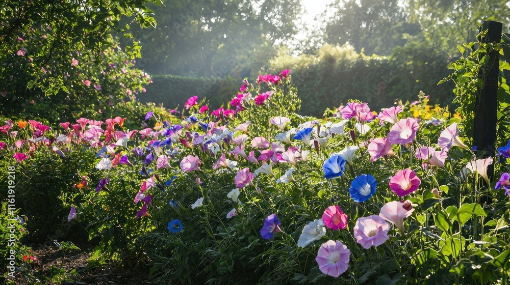 Obraz premium A dewy garden with morning glory flowers blooming in various colors, bathed in gentle sunlight