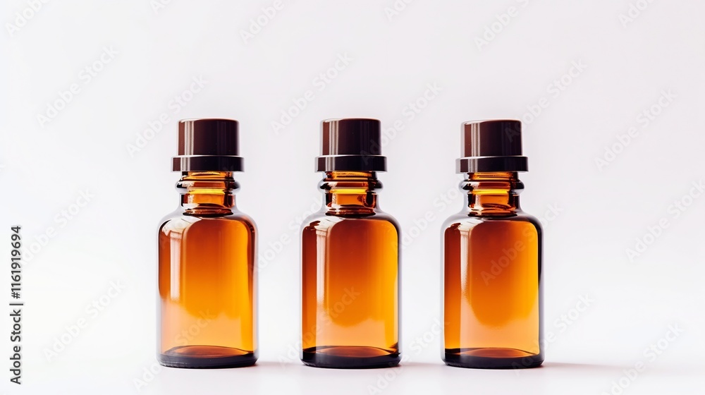 Three symmetrically arranged amber glass dropper bottles showcasing a minimalist and refined design against a pure white background with soft diffused lighting highlighting their clean Three symmetrically arranged amber glass dropper bottles showcasing a minimalist and refined design against a pure white background with soft diffused lighting highlighting their clean