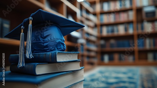 Blue graduation cap on books in library.