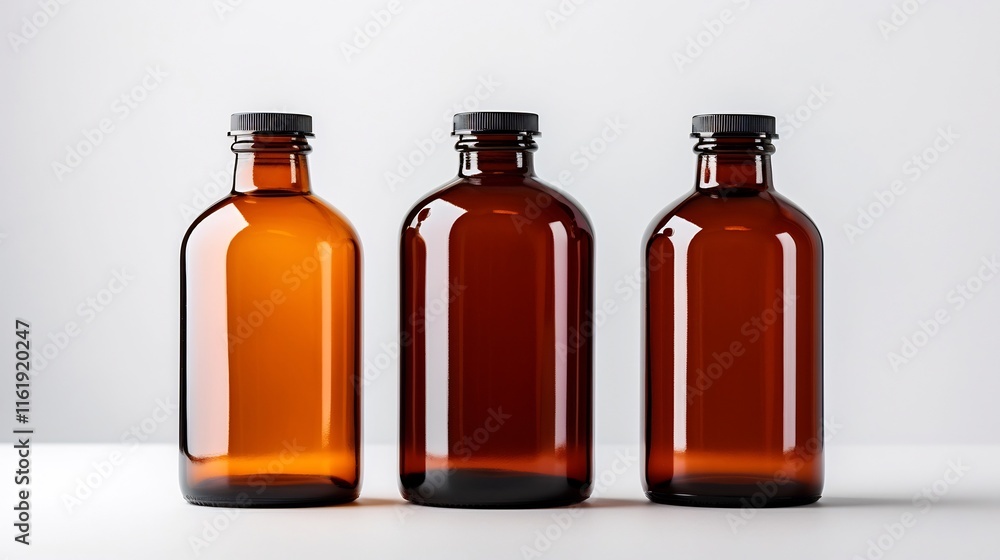 Three amber glass bottles with blank modern labels displayed on a bright white surface with subtle studio lighting perfect for product packaging branding or cosmetic mockup design Three amber glass bottles with blank modern labels displayed on a bright white surface with subtle studio lighting perfect for product packaging branding or cosmetic mockup design
