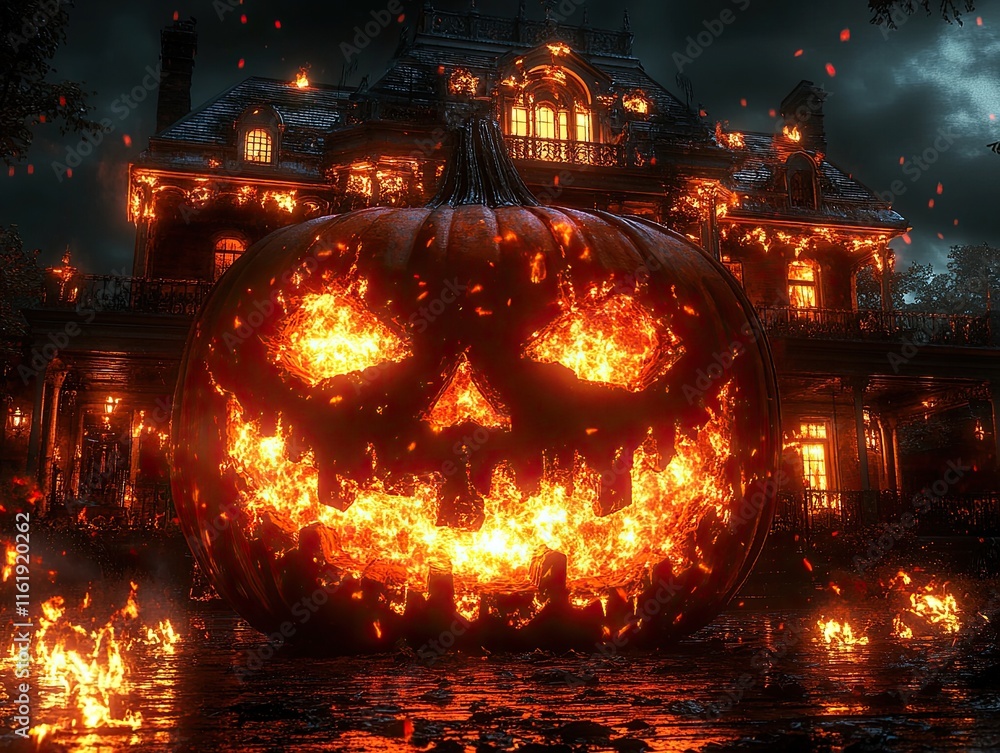 Fiery jack-o'-lantern before burning mansion. Perfect for Halloween, horror, or spooky themes. Fiery jack-o'-lantern before burning mansion. Perfect for Halloween, horror, or spooky themes.