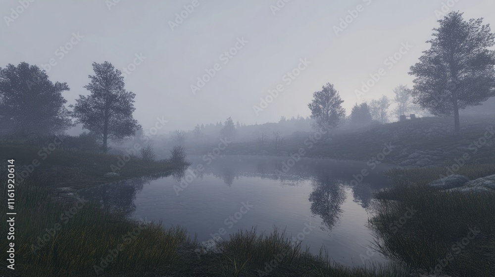 Fototapeta premium Serene Misty River Winding Through Foggy Forest