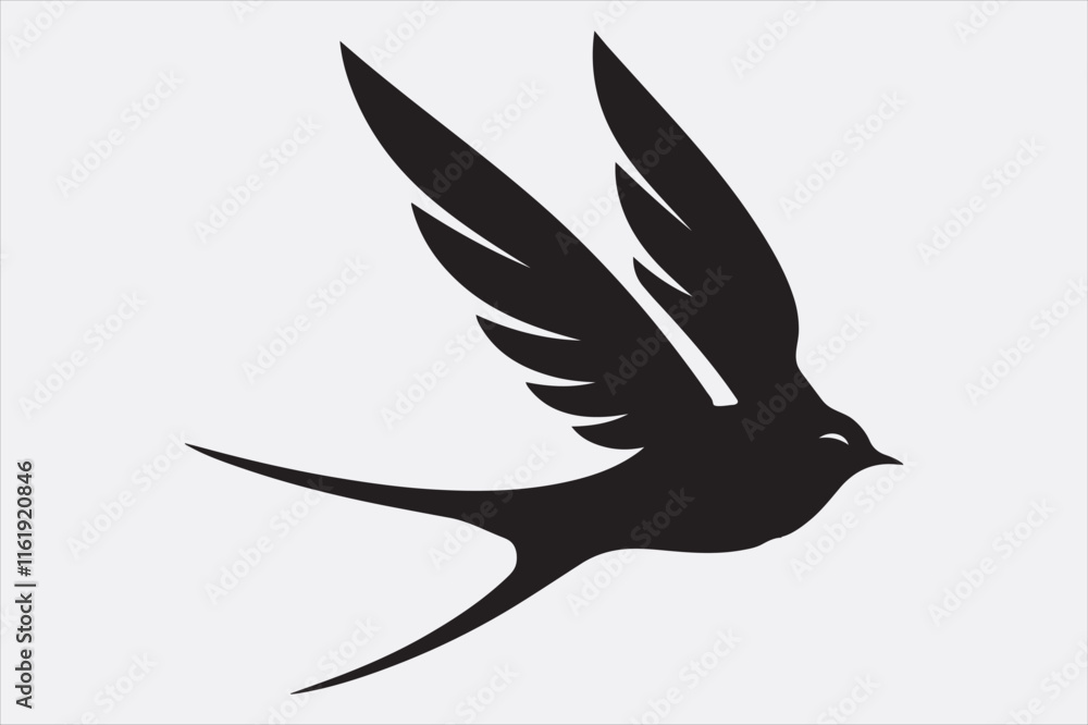 A black silhouette of a flying swallow. A black silhouette of a flying swallow.