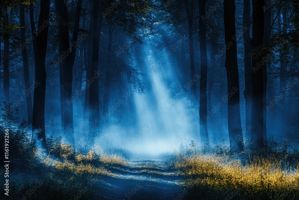 Obraz premium Mystical forest path at twilight, shrouded in blue fog with sunbeams. Ideal for fantasy, mystery, or magical themes; evokes a sense of wonder and tranquility.