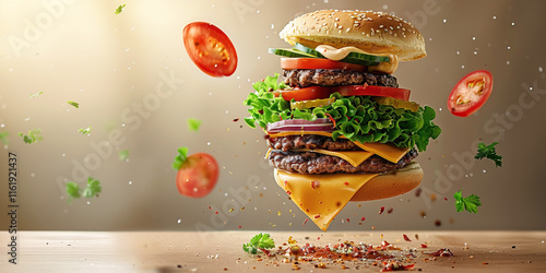 Wallpaper Mural Flying hamburger, cheeseburger, dark background with tomatoes and peppers. Delicious grilled cutlet with cheese and salad. Torontodigital.ca