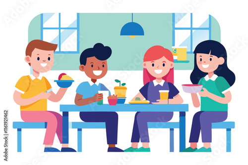 school cafeteria, students eating lunch flat illustration.eps