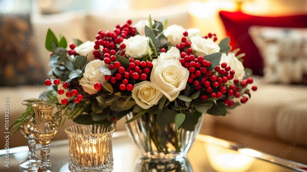 A vase of white and red flowers sits on a table A vase of white and red flowers sits on a table