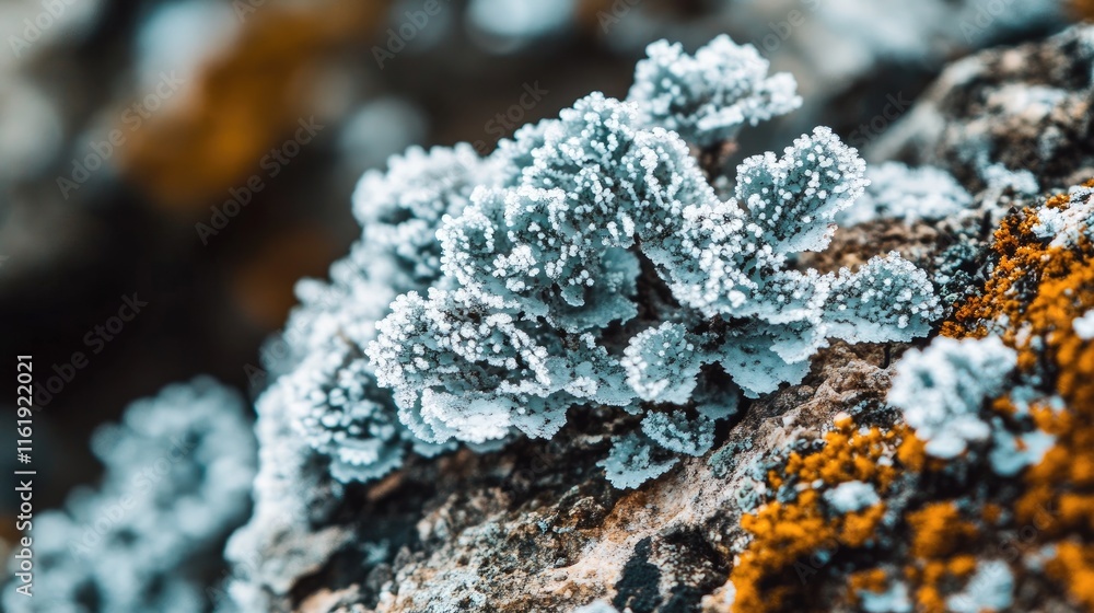 Frost Covered Lichen Growing On A Rock Surface Frost Covered Lichen Growing On A Rock Surface