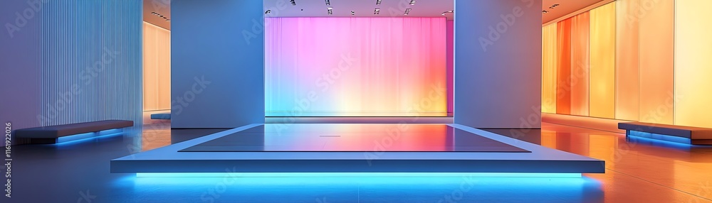 Modern art gallery with vibrant lighting and sleek design, empty spacious interior. Modern art gallery with vibrant lighting and sleek design, empty spacious interior.
