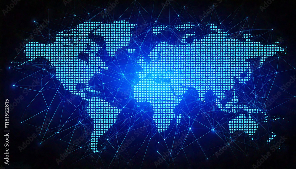 Digital World Map with Blue Grid and Glowing Data Points, Global Communication Theme Digital World Map with Blue Grid and Glowing Data Points, Global Communication Theme