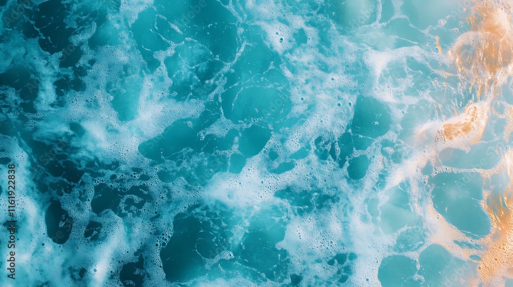 Fototapeta premium Pure blue and white water texture of the ocean sea with foam from and waves, blue sea water texture, blue clear water surface texture with ripples, splashes, Abstract summer banner backgroud