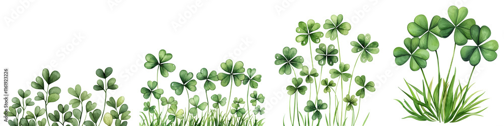 Saint patrick day element, Clover field with dewdrops, vibrant green plants in watercolor style, isolated on transparent background. Saint patrick day element, Clover field with dewdrops, vibrant green plants in watercolor style, isolated on transparent background.