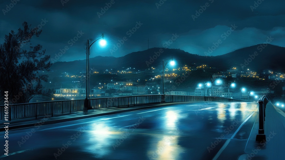 Fototapeta premium Nighttime Cityscape View From A Wet Bridge
