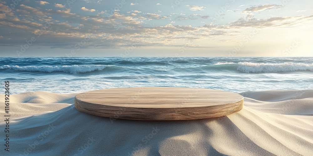 Obraz premium A serene beach scene featuring a circular wooden platform on soft sand, with gentle waves lapping at the shore under a cloudy sky.