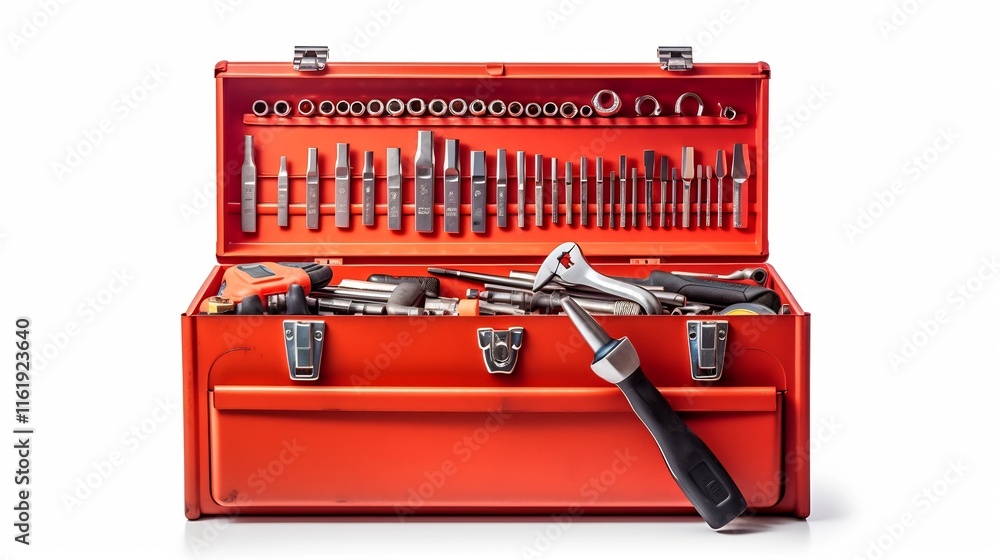 An orderly and compact toolbox containing essential mechanical tools such as wrenches screwdrivers and pliers arranged neatly on a clean white background showcasing a minimalist and functional design An orderly and compact toolbox containing essential mechanical tools such as wrenches screwdrivers and pliers arranged neatly on a clean white background showcasing a minimalist and functional design