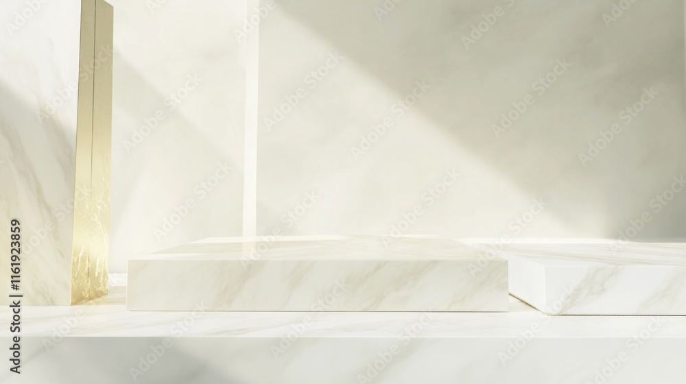 Fototapeta premium A white marble table with a gold object on top