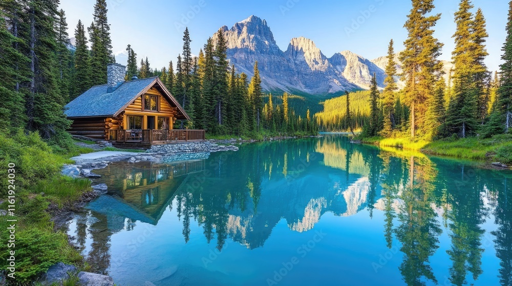 Fototapeta premium Mountain Cabin Reflecting In Calm Turquoise Lake Water