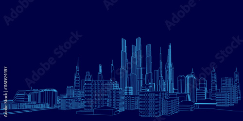 City skyline is shown in blue with tall buildings and a dark sky. The cityscape is illuminated, giving it a futuristic and modern feel